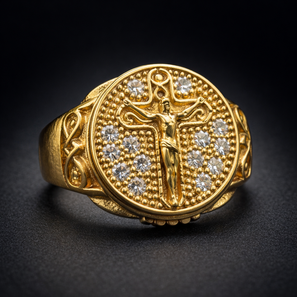 ANILLO SÍMBOLO CENTRAL DIAMANTADO IMPERIAL DORADO – REFERENCIA (V)