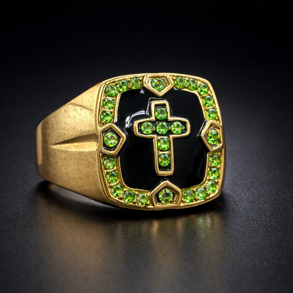 ANILLO CRUZ GEOMÉTRICA IMPERIAL VERDE DORADO – REFERENCIA (L)