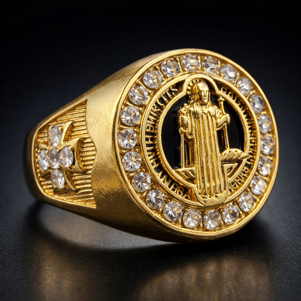 ANILLO MEDALLÓN CLÁSICO CON CRISTALES DORADO – REFERENCIA (13)